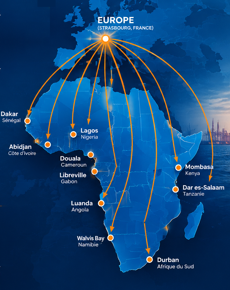 Map of AFRILOG shipping routes from Europe (Strasbourg, France) to key ports across Africa